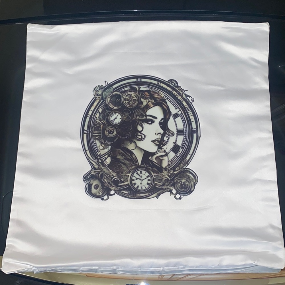 White pillow with art of woman time clock.